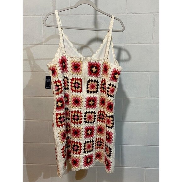 Lucky Brand Women Mini Dress XLARGE‎ Pink Granny Square Crochet Knit Boho Cotton - Picture 6 of 15